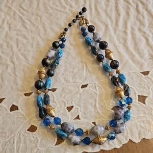 Vintage Crown Trifari Art Glass, Blue And White Stone, Bead Necklace